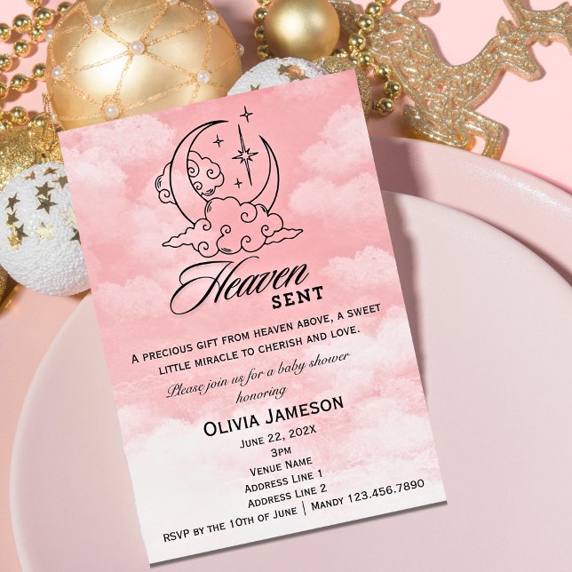Rosa-Mond-Dusche mit Himmelbett Einladung (Heaven Sent Pink Girl Baby Shower Invitation)