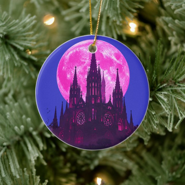 Rosa Mond Gotische Kathedrale Keramik Ornament (Baum)