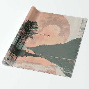 Rosa Mond Sage Mountain Wald See Landschaft Geschenkpapier