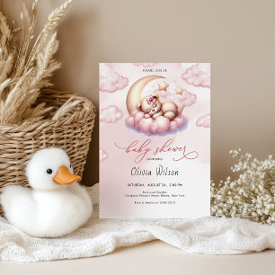 Rosa Mond & Teddybär Baby Shower Einladung