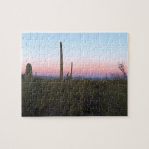 Rosa Mond über Saguaro bei Sonnenaufgang
