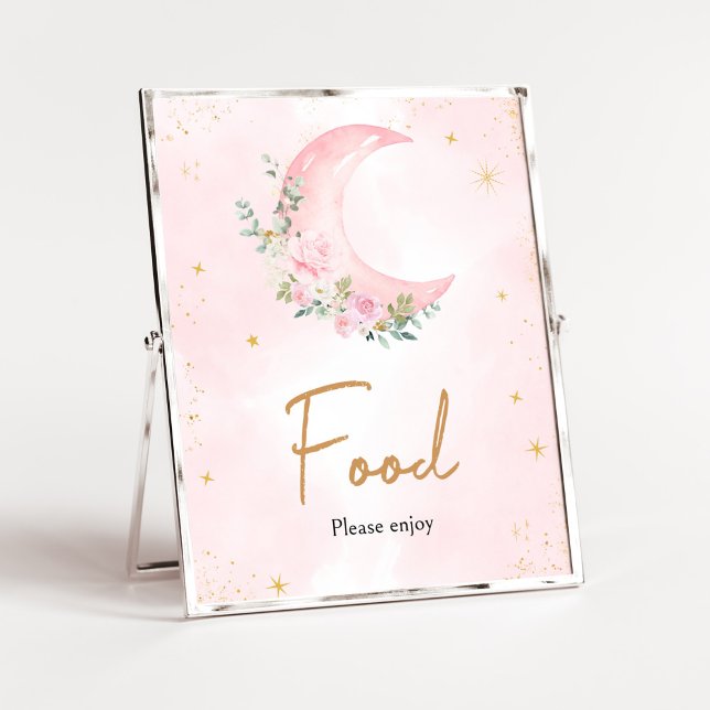 Rosa Mond und Sterne Baby Dusche Nahrung Poster (Twinkle Little Star Baby Shower Food Sign)