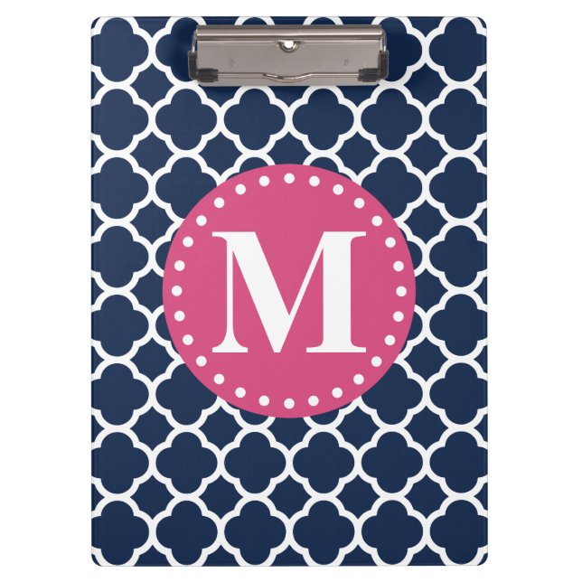 rosa Mongram Navy Quatrefolienmuster Klemmbrett (Vorderseite)