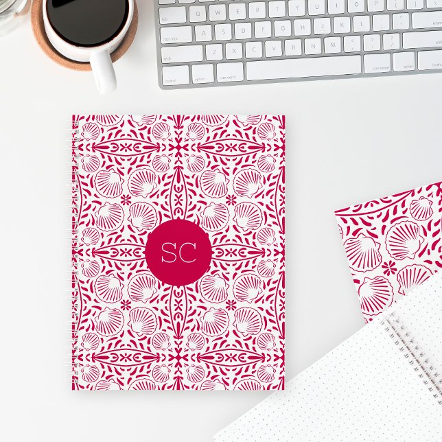 Rosa Monogram Sheashell Coral Elegant Chic Notizbuch (Red Coastal Sheashell Beach Coral Elegant Monogram Notebook)