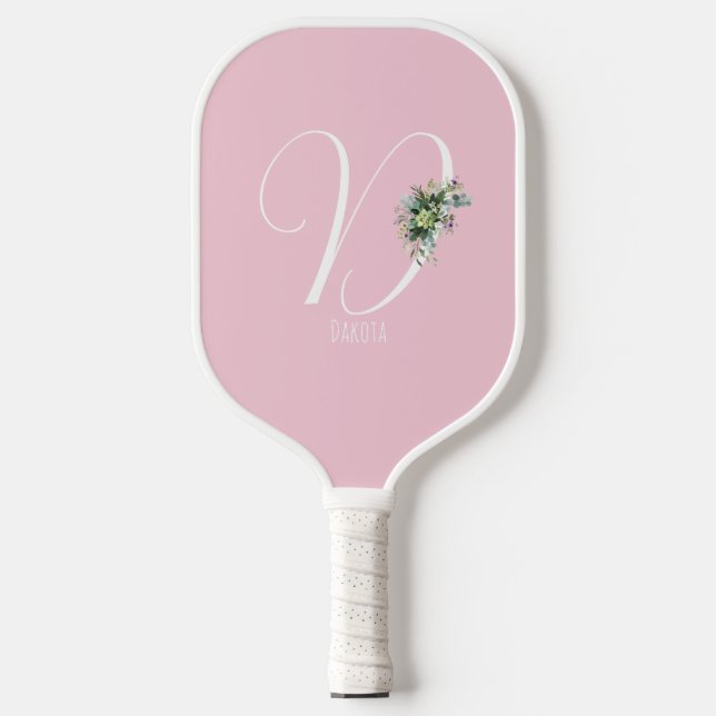 Rosa monogramm Aquarell-Blume Pickleball Schläger (Vorderseite)