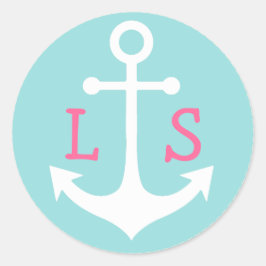 rosa Monogramm auf weißem Anker auf pastellblau Runder Aufkleber
