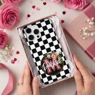 Rosa Monogramm Blume schwarz-weiß iPhone 16 Pro Max Hülle