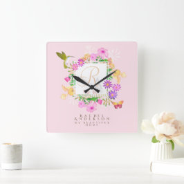 Rosa Monogramm des Blumengartens Quadratische Wanduhr