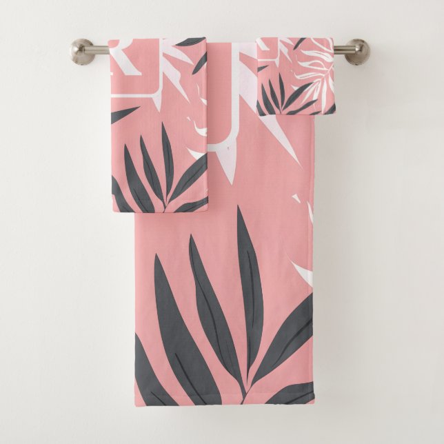 Rosa Monogramm des tropischen Hibiskus personalisi Badhandtuch Set (Insitu)