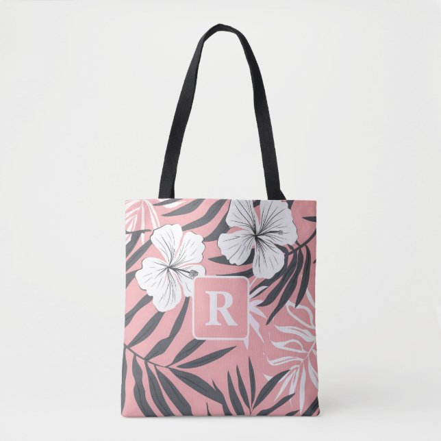 Rosa Monogramm des tropischen Hibiskus personalisi Tasche (Vorderseite)