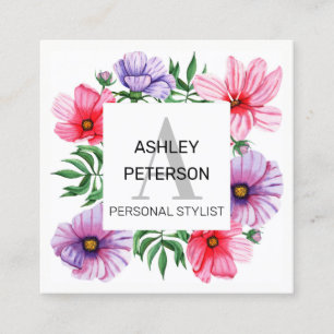 Rosa Monogramm Floral Girl Niedlich Personalisiert Quadratische Visitenkarte