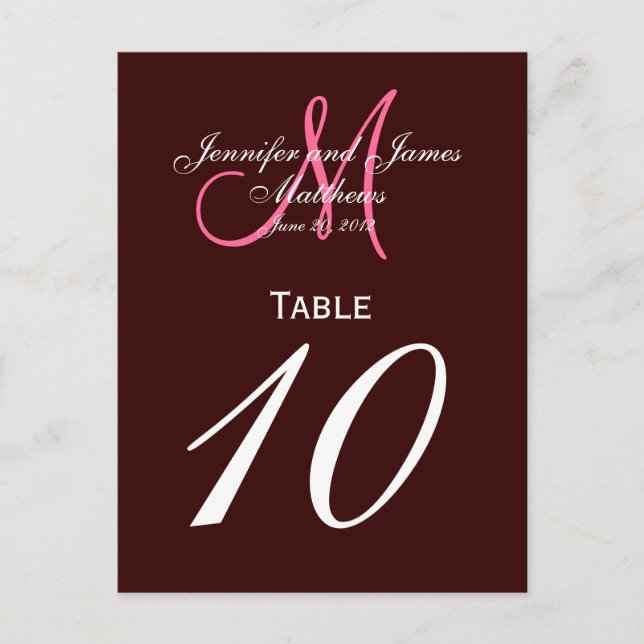 Rosa-Monogramm-Hochzeitskarten für die Tischnummer (Vorderseite)