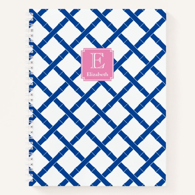 Rosa Monogramm mit blauem und weißem Bambusrohr Notizbuch (Vorderseite)