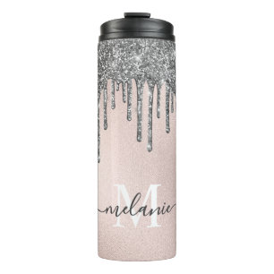 Rosa Monogramm Name Silver Glitzer Tropfen Thermosbecher