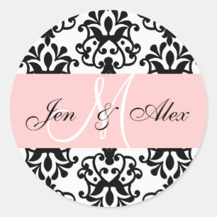 Rosa Monogramm-Namen Damask Hochzeitskennzeichen S Runder Aufkleber