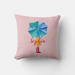 Rosa Monogramm Schirm Mädchen Aquarell Kissen
