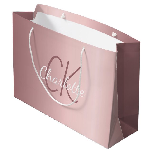 Rosa Monogramm-Schrift modern Große Geschenktüte (Rückseite Schrägansicht)