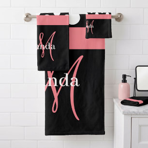 Rosa Monogramm Schwarz Weiß Punkte Badehandtuch-Se Badhandtuch Set