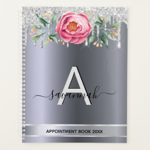 Rosa Monogramm-Termine für den Silber-Glitzer Planer
