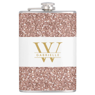 Rosa Monogramm und Name Rose Gold Glitzer Flachmann