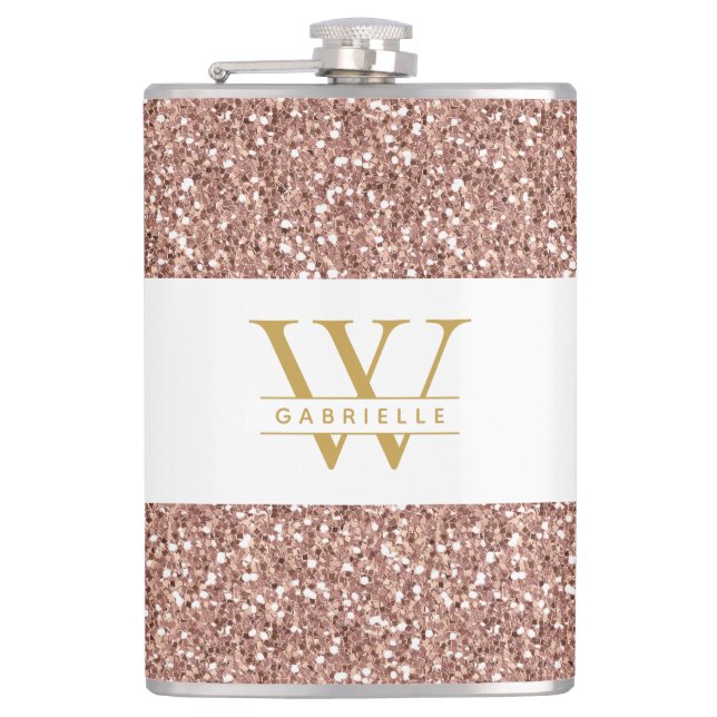 Rosa Monogramm und Name Rose Gold Glitzer Flachmann (Vorderseite)