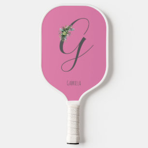 Rosa monogramm Wasserfarbe Blume grauer Name Pickleball Schläger