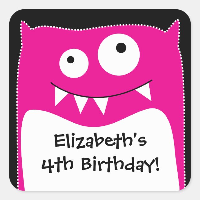Rosa Monster Bash Birthday Square Aufkleber (Vorderseite)