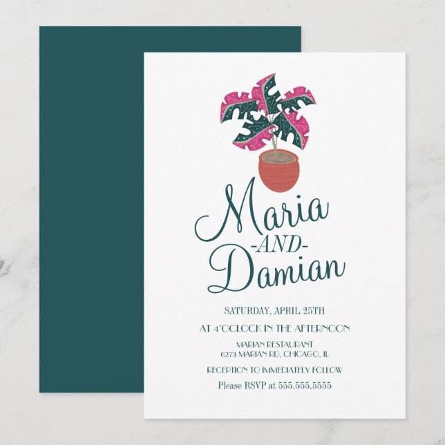 Rosa Monstera Pflanze Grüne Illustration Hochzeit Einladung (Vorne/Hinten)
