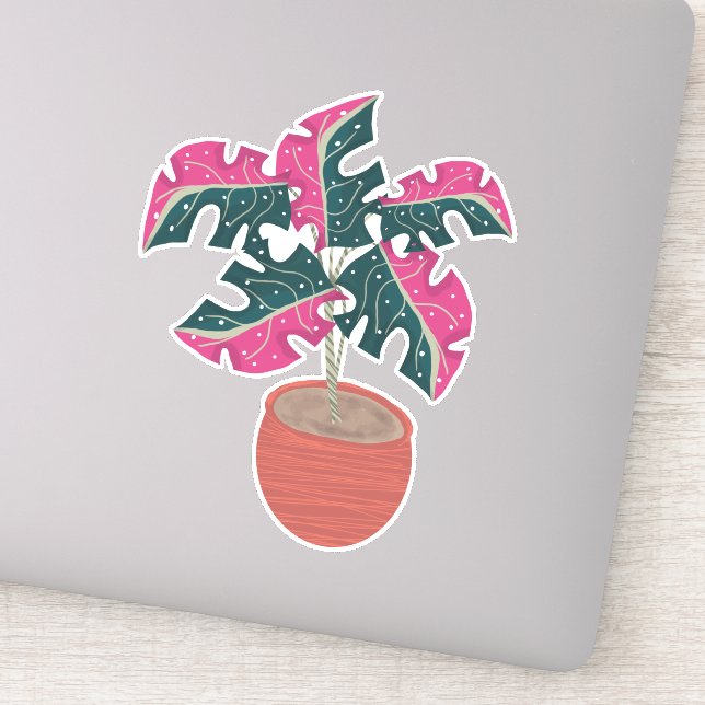 Rosa Monstera Pflanze Handgezeichnet Aufkleber (Detail)