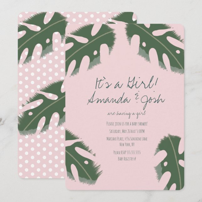 Rosa Monstera Tropical Girls Grüne Kinderdusche Einladung (Vorne/Hinten)