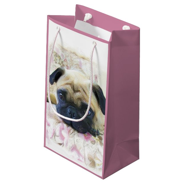 Rosa Mopshundegeschenktasche Kleine Geschenktüte (Rückseite Schrägansicht)