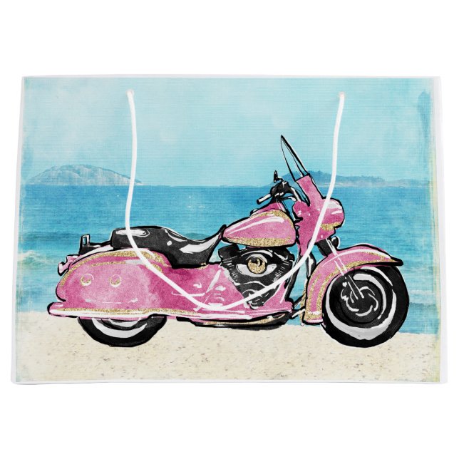 Rosa Motorrad am Strand Große Geschenktüte (Vorderseite)