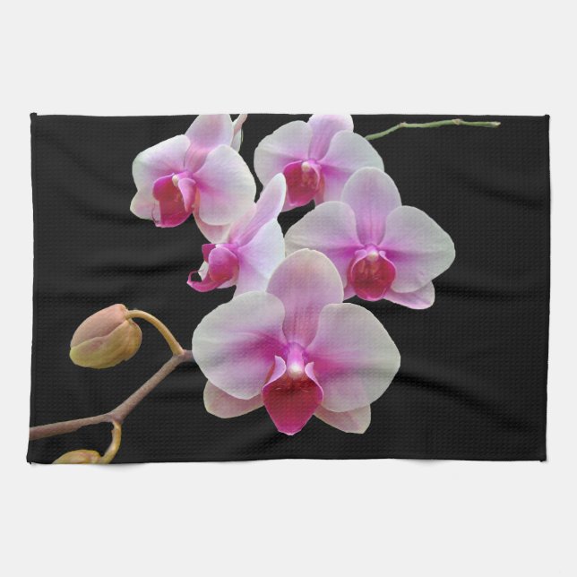 Rosa Mottenorchien auf Schwarz-Phalaenopsis Handtuch (Horizontal)