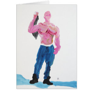 Rosa Muscleman, der T - Shirt hält