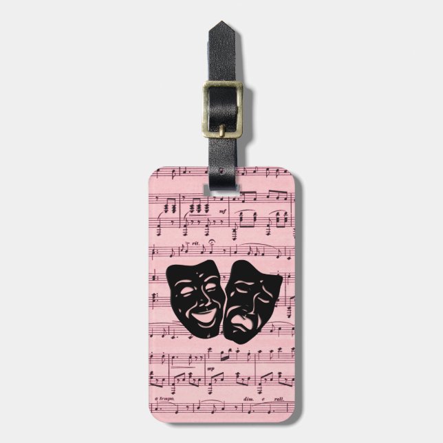 Rosa Musik und Theatermasken Gepäckanhänger (Vorderseite vertikal)
