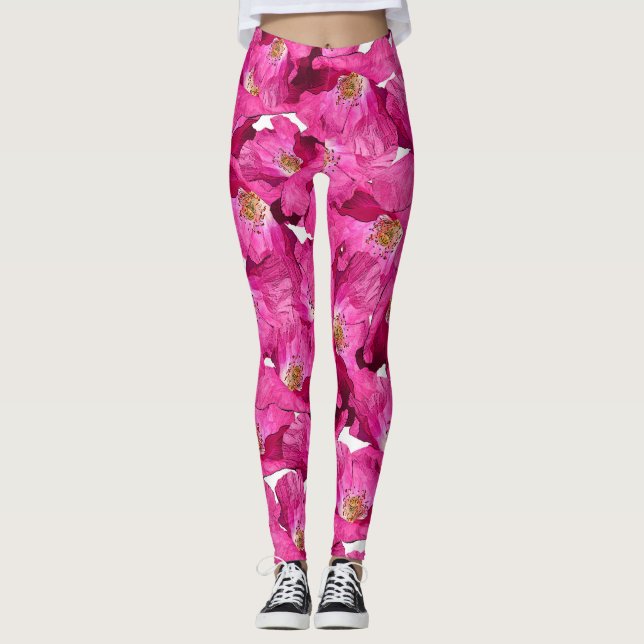 Rosa Muster der Blumenmohnblumen Leggings (Vorderseite)
