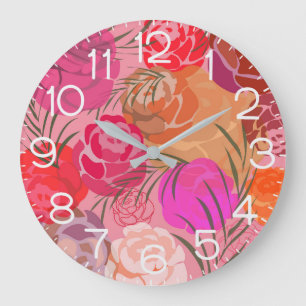 Rosa Muster mit Blume und Pflanze Große Wanduhr
