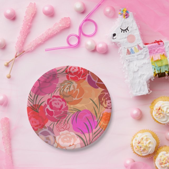 Rosa Muster mit Blume und Pflanze Pappteller (Party)