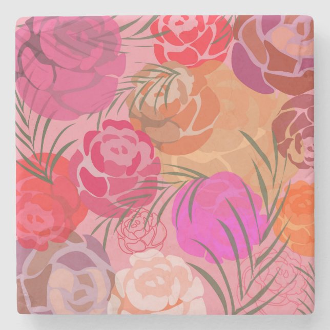 Rosa Muster mit Blume und Pflanze Steinuntersetzer (Vorderseite)