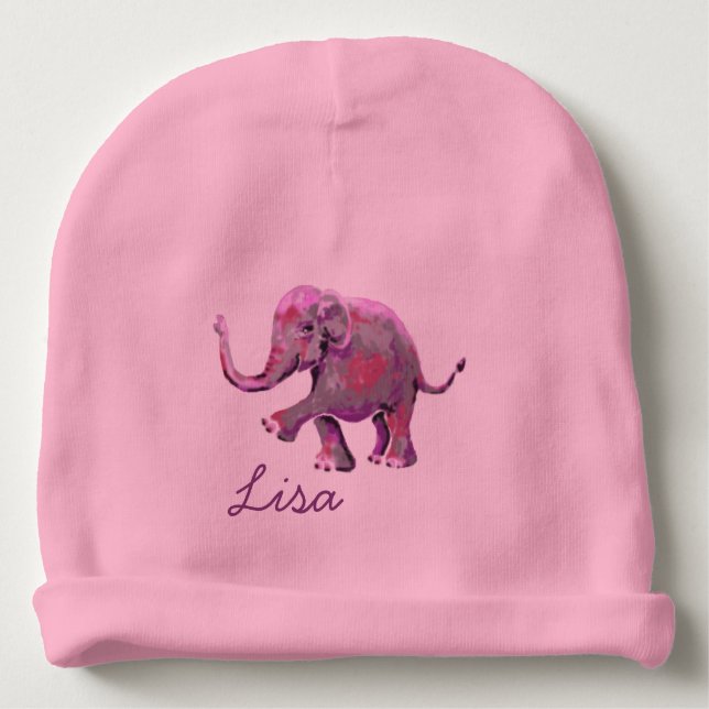 Rosa Name-niedlicher unverschämter Baby-Elefant Babymütze (Vorderseite)