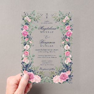 Rosa Navy Blau Florale Eukalyptus-Grün-Hochzeit Acryleinladungen