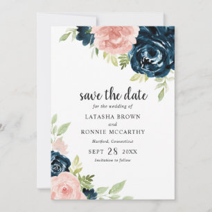 Rosa Navy Blau Florales Elegantes Hochzeits- Save The Date