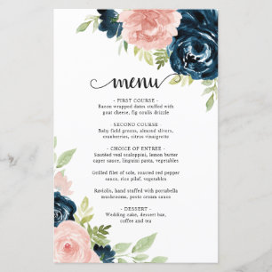 Rosa Navy Blau Florales Elegantes Hochzeitsmenü