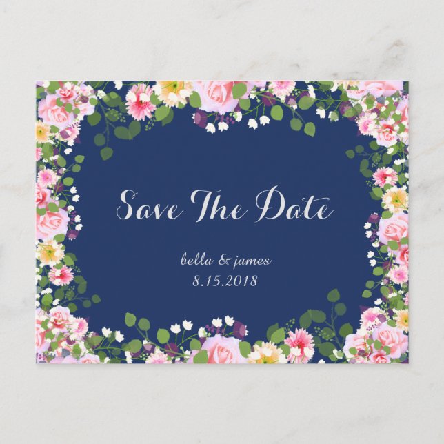 Rosa Navy Blau Save The Date Postkarten (Vorderseite)
