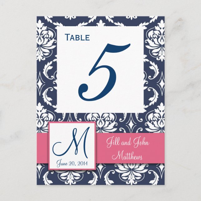 Rosa Navy Blue Damask Hochzeitsstiftung Tischnumme Postkarte (Vorderseite)