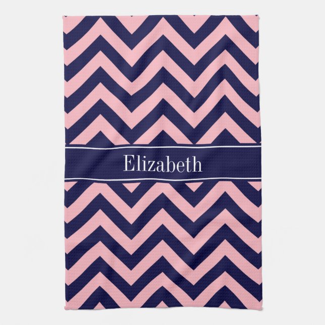 Rosa, Navy Blue LG Monogram, Zickzack Navy Name Geschirrtuch (Vertikal)