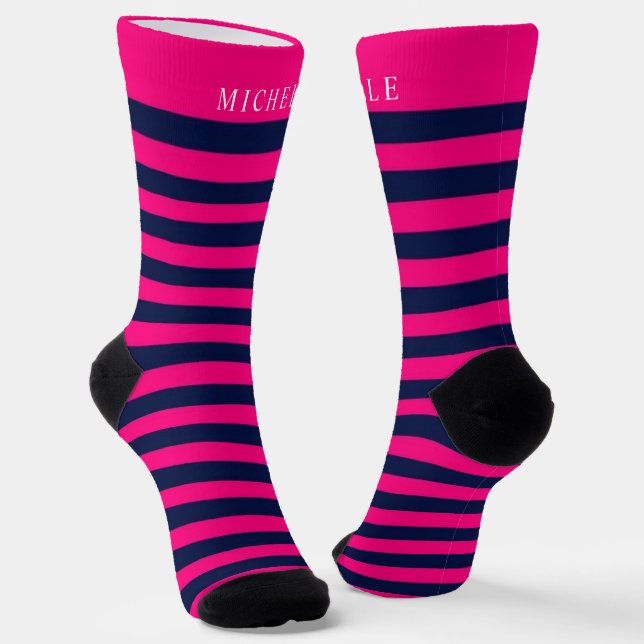 Rosa Navy Blue Lines Strickter Individuelle Name Socken (Gewinkelt)
