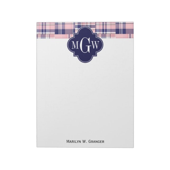Rosa, Navy Blue Preppy Patchwork Madras Monogram Notizblock (Rotiert)
