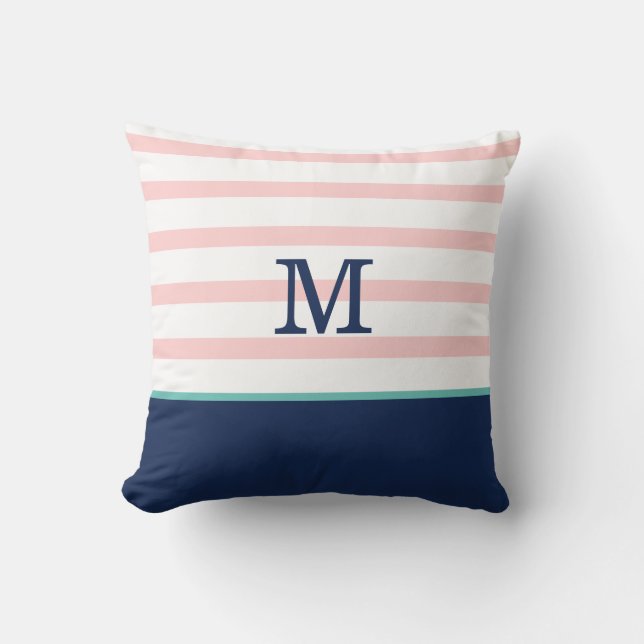 Rosa, Navy Blue und Aquamarine Monogramm Kissen (Vorderseite)