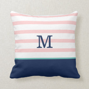 Rosa, Navy Blue und Aquamarine Monogramm Kissen